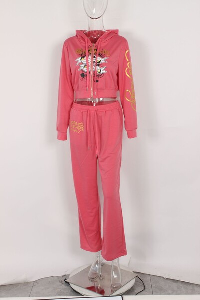 Bangniweigou Craniu Love Print Fermoar Cardigan scurt + Pantaloni drepti cu talie înaltă Set două piese Trening femei toamnă iarnă