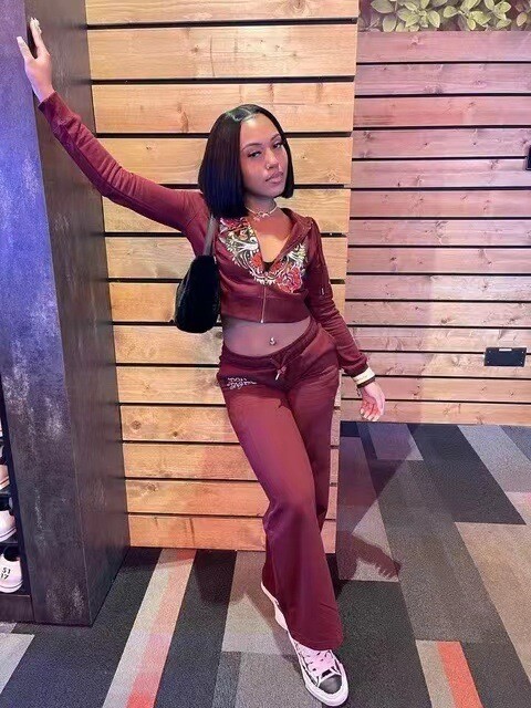 Bangniweigou Craniu Love Print Fermoar Cardigan scurt + Pantaloni drepti cu talie înaltă Set două piese Trening femei toamnă iarnă