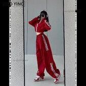 2-osalised naisteriided triibulised dressipükste komplektid Korea Harajuku mood vabaaja laiad punased sörkijad spordimantlid pükste komplektid