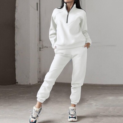 Rudens ziema vienkrāsains 2 gabalu komplekti Sieviešu silts treniņtērps ar rāvējslēdzēju augšpusē bikškostīmi sporta krekli skriešanas bikšu tērpi sporta bikses