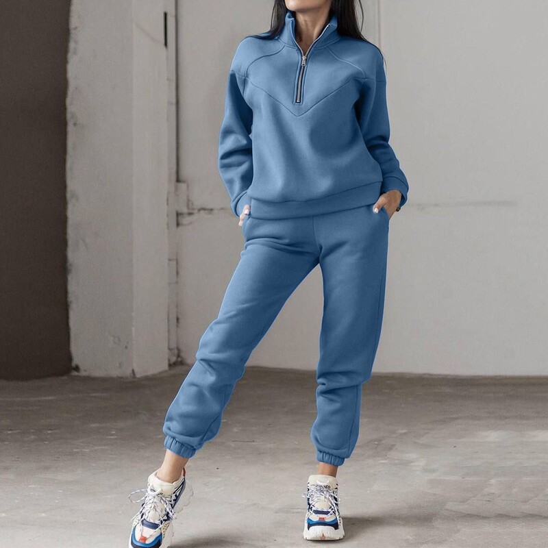 Rudens ziema vienkrāsains 2 gabalu komplekti Sieviešu silts treniņtērps ar rāvējslēdzēju augšpusē bikškostīmi sporta krekli skriešanas bikšu tērpi sporta bikses