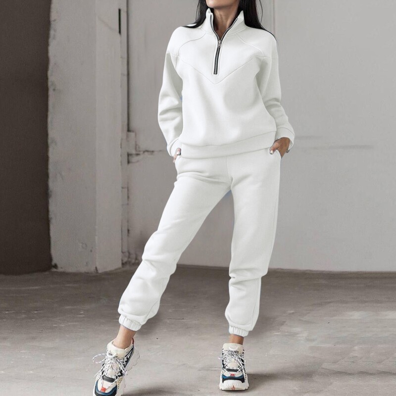 Rudens ziema vienkrāsains 2 gabalu komplekti Sieviešu silts treniņtērps ar rāvējslēdzēju augšpusē bikškostīmi sporta krekli skriešanas bikšu tērpi sporta bikses