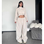 Set 2 piese Trening Hip Hop Femei Seturi de pantaloni cu picioare largi Joggeri coreeani largi bej Costum sport Dans Set de jachete decupate Femei