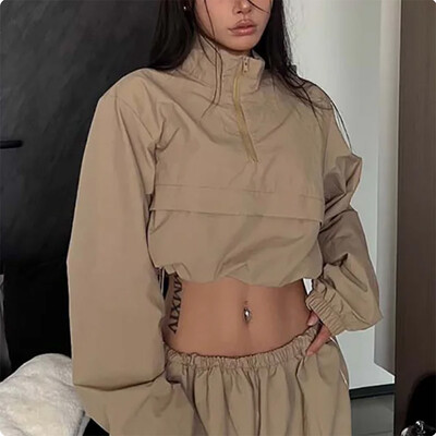 Set 2 piese Trening Hip Hop Femei Seturi de pantaloni cu picioare largi Joggeri coreeani largi bej Costum sport Dans Set de jachete decupate Femei