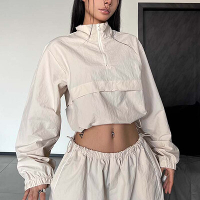 Set 2 piese Trening Hip Hop Femei Seturi de pantaloni cu picioare largi Joggeri coreeani largi bej Costum sport Dans Set de jachete decupate Femei