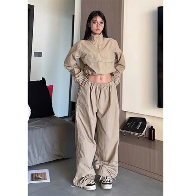 Set 2 piese Trening Hip Hop Femei Seturi de pantaloni cu picioare largi Joggeri coreeani largi bej Costum sport Dans Set de jachete decupate Femei