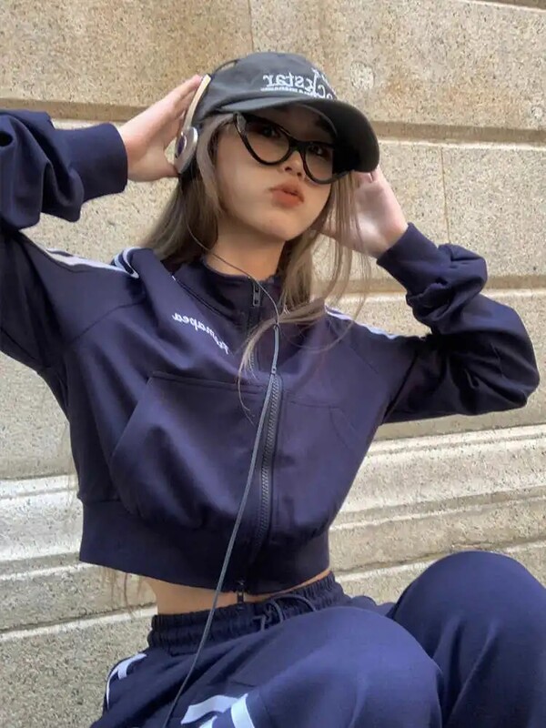 Y2K Kpop sporta tērpu bikšu komplekti sieviešu korejiešu stila divdaļīgs komplekts ar platām bikses Harajuku, apgriezti, svītraini, ar rāvējslēdzēju uz augšu sporta krekli