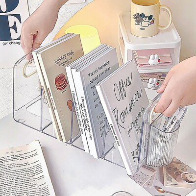 Clear Acrylic Bookends Convenient Desk Organizer with Handle Desktop Sorting Rack Divided Book Stand Study Supplies