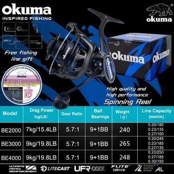 OKUMA Καρούλια περιστροφής υψηλής ποιότητας Αναλογία υψηλής ταχύτητας Χωρίς κενά BE2000-4000 Καρούλια ψαρέματος 10KG Max Drag, 9+1Bearing,Speed ratio 5,7:1