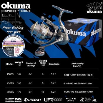 OKUMA Spinning Reels LA 1500-3000 въглеродна олекотена риболовна макара, 10 KG MaxDrag, 6+1 лагер, съотношение на скоростта 5.2:1, подарък въдица за риболов