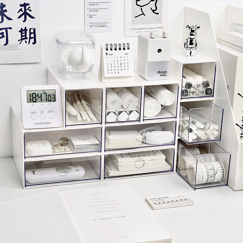 Kawaii Ins Органайзер Настолно чекмедже Безплатна комбинирана кутия за съхранение Пластмасова фиби Грим Козметика Настолен органайзер за съхранение Поставка