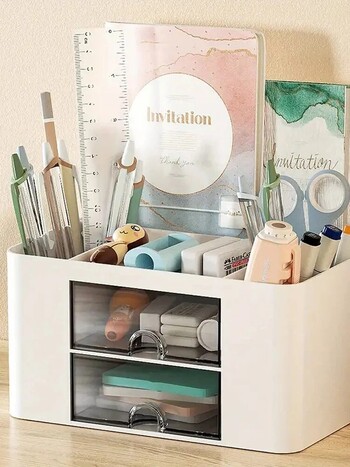 1 PC Pen Organizer με 2 συρτάρια Πολυλειτουργική μολυβοθήκη για θήκη γραφείου Κουτί αποθήκευσης για επιτραπέζια είδη γραφείου Τραπέζι νιπτήρα