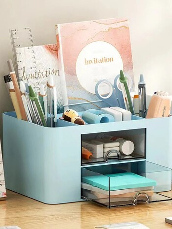 1 PC Pen Organizer με 2 συρτάρια Πολυλειτουργική μολυβοθήκη για θήκη γραφείου Κουτί αποθήκευσης για επιτραπέζια είδη γραφείου Τραπέζι νιπτήρα