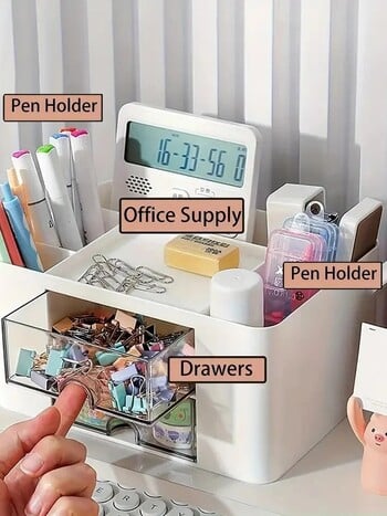 1 PC Pen Organizer με 2 συρτάρια Πολυλειτουργική μολυβοθήκη για θήκη γραφείου Κουτί αποθήκευσης για επιτραπέζια είδη γραφείου Τραπέζι νιπτήρα