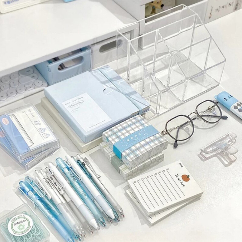 Прозрачна акрилна настолна кутия за съхранение на канцеларски материали Голям капацитет Кутия за съхранение на отдел за отпадъци Кутия за съхранение на рафт за бюро Кутия за органайзер