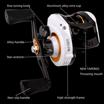 Baitcasting Reel Fishing Roel Λευκό Μαύρο καρούλι Δεξί Αριστερό Χέρι Drag Power 10kg Κυπρίνος Ψάρεμα Τροχοί Ψάρεμα Παρακολούθηση Pesca