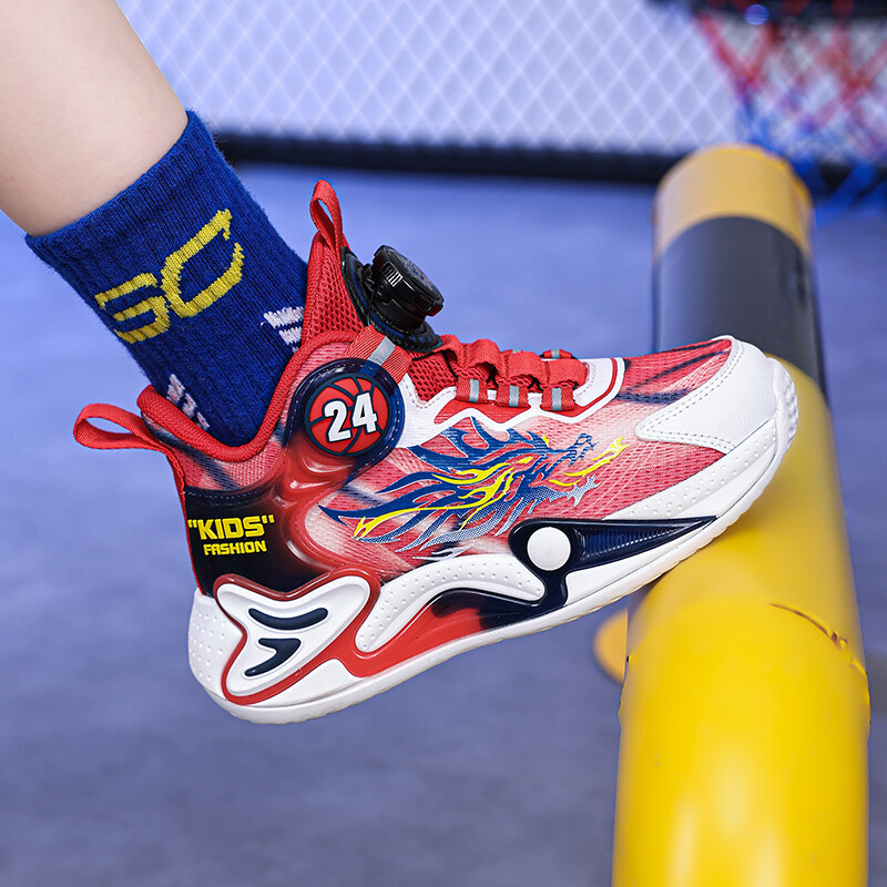Спортни обувки за момчета 2024 нови въртящи се бутони, устойчиви на износване маратонки за студенти, действителни бойни баскетболни обувки