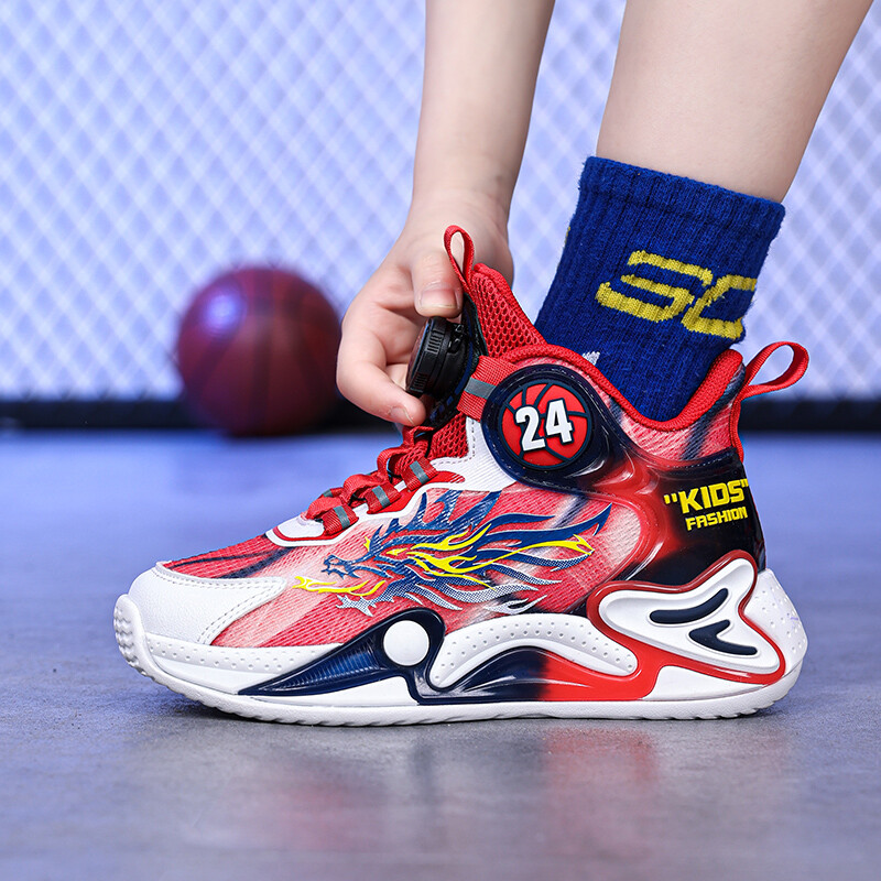 Спортни обувки за момчета 2024 нови въртящи се бутони, устойчиви на износване маратонки за студенти, действителни бойни баскетболни обувки