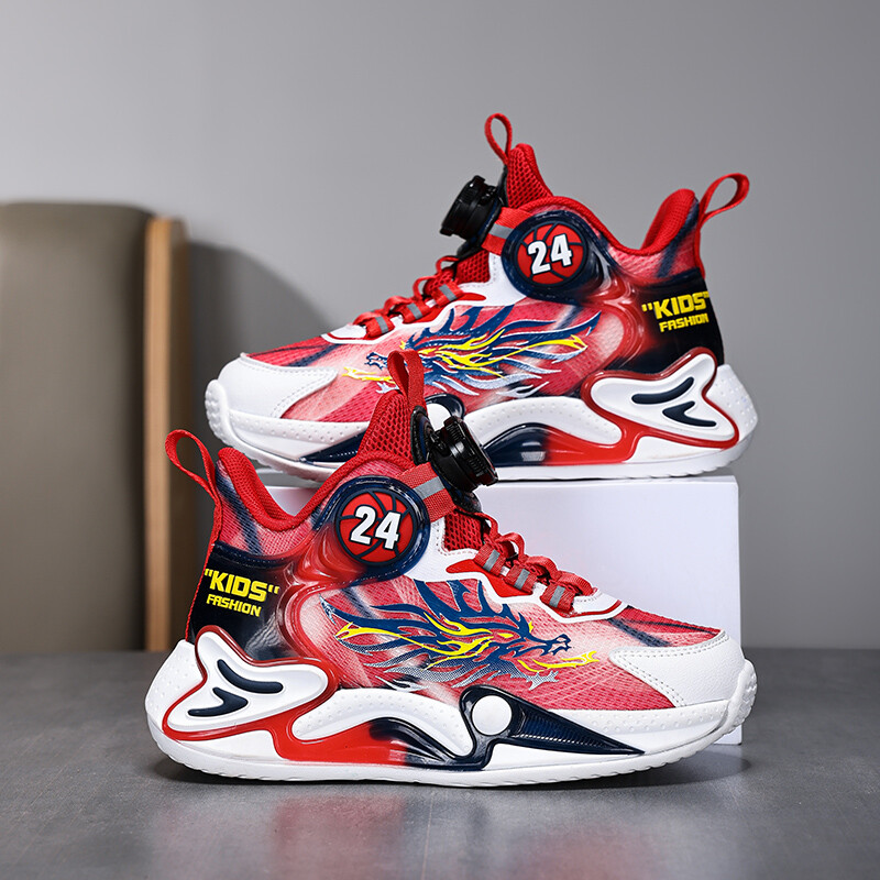 Спортни обувки за момчета 2024 нови въртящи се бутони, устойчиви на износване маратонки за студенти, действителни бойни баскетболни обувки