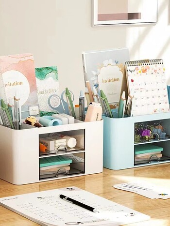 1 PC Pen Organizer με 2 συρτάρια Πολυλειτουργική μολυβοθήκη για θήκη γραφείου Κουτί αποθήκευσης για επιτραπέζια είδη γραφείου Τραπέζι νιπτήρα