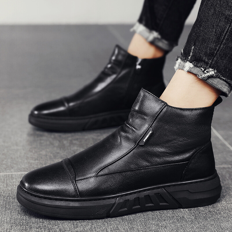 Zimske muške kožne čizme za muškarce Tople plišane iznutra Visoke kožne cipele za slobodno vrijeme Platforma za snijeg Gležnjevi Debela plišana pamučna cipela