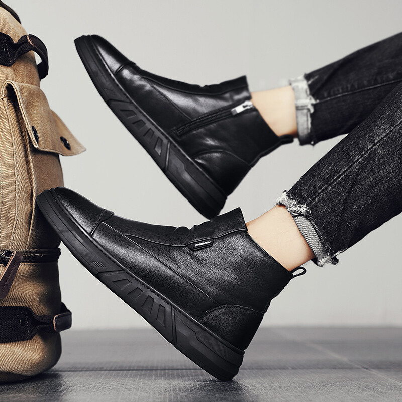 Zimske muške kožne čizme za muškarce Tople plišane iznutra Visoke kožne cipele za slobodno vrijeme Platforma za snijeg Gležnjevi Debela plišana pamučna cipela