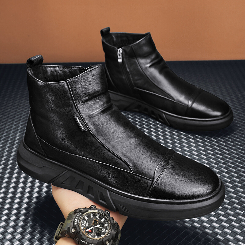 Zimske muške kožne čizme za muškarce Tople plišane iznutra Visoke kožne cipele za slobodno vrijeme Platforma za snijeg Gležnjevi Debela plišana pamučna cipela
