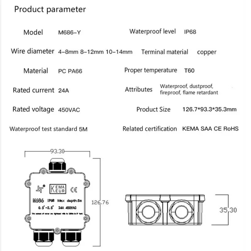 Y-tüüpi 3-suunaline ühenduskarp veekindel IP68 4/5 kontaktiga 4-15 mm elektrijuhtmete pistikud 24A 450V LED välised elektriklemmid