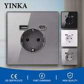 YINKA EU standard socket tempered glass Πρίζα τοίχου 16A AC110V-250V γενική πρίζα με φόρτιση USB Type-C με 5V 2100mA