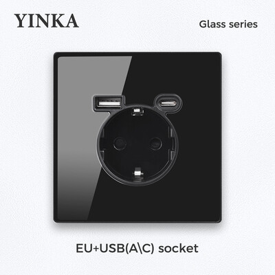 YINKA EU standard socket tempered glass Πρίζα τοίχου 16A AC110V-250V γενική πρίζα με φόρτιση USB Type-C με 5V 2100mA