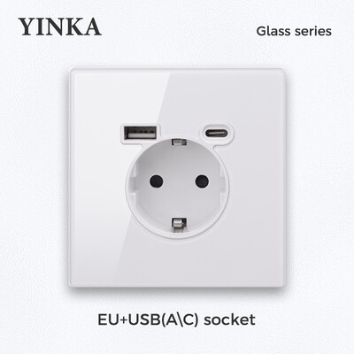YINKA EU standard socket tempered glass Πρίζα τοίχου 16A AC110V-250V γενική πρίζα με φόρτιση USB Type-C με 5V 2100mA