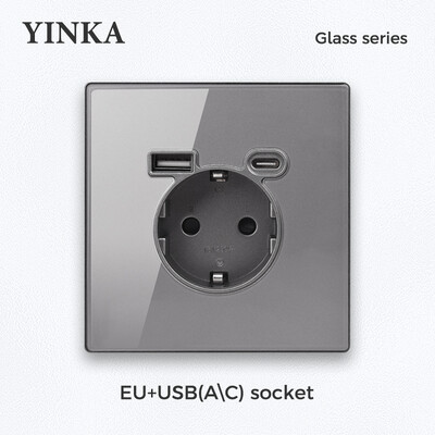 YINKA EU standard socket tempered glass Πρίζα τοίχου 16A AC110V-250V γενική πρίζα με φόρτιση USB Type-C με 5V 2100mA