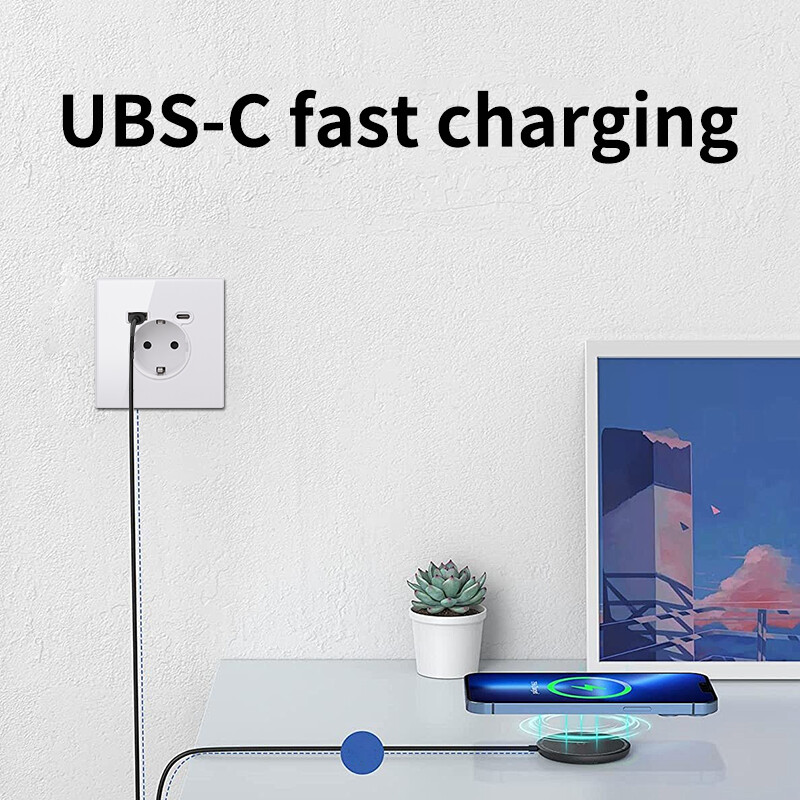 YINKA EU standardna utičnica od kaljenog stakla 16A zidna utičnica AC110V-250V univerzalna utičnica s USB Type-C punjenjem por 5V 2100mA