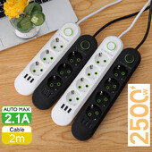 Πολύπριζο πρίζας ΕΕ με 3 θύρες USB Προέκταση καλωδίου υποδοχή δικτύου Φίλτρο στρογγυλής ακίδας Πρίζα AC 2500W Μετασχηματιστής ηλεκτρικής φόρτισης