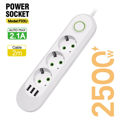 Πολύπριζο πρίζας ΕΕ με 3 θύρες USB Προέκταση καλωδίου υποδοχή δικτύου Φίλτρο στρογγυλής ακίδας Πρίζα AC 2500W Μετασχηματιστής ηλεκτρικής φόρτισης