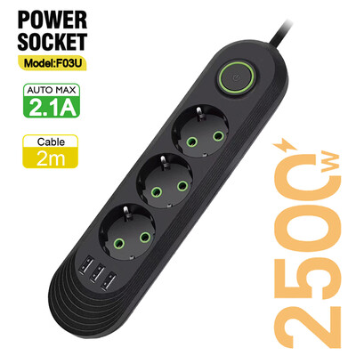Πολύπριζο πρίζας ΕΕ με 3 θύρες USB Προέκταση καλωδίου υποδοχή δικτύου Φίλτρο στρογγυλής ακίδας Πρίζα AC 2500W Μετασχηματιστής ηλεκτρικής φόρτισης