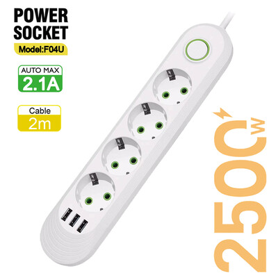 Πολύπριζο πρίζας ΕΕ με 3 θύρες USB Προέκταση καλωδίου υποδοχή δικτύου Φίλτρο στρογγυλής ακίδας Πρίζα AC 2500W Μετασχηματιστής ηλεκτρικής φόρτισης