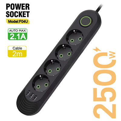 Πολύπριζο πρίζας ΕΕ με 3 θύρες USB Προέκταση καλωδίου υποδοχή δικτύου Φίλτρο στρογγυλής ακίδας Πρίζα AC 2500W Μετασχηματιστής ηλεκτρικής φόρτισης