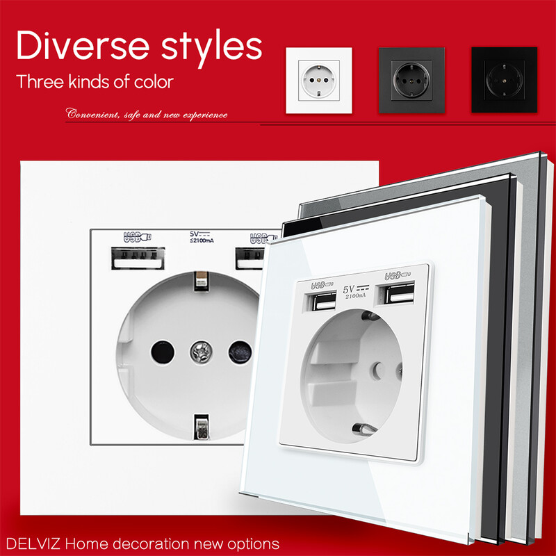 Delviz zidna USB utičnica, mnoge ploče novog stila, utičnica za spavaću sobu, AC 110V-250V 16A ugrađena u zid, dvostruka usb EU standardna utičnica