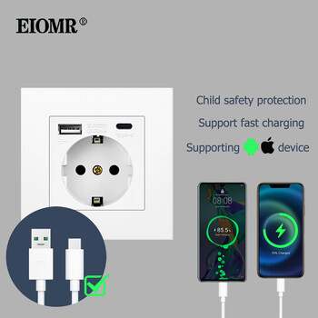 EIOMR EU Wall Power Socket with Type C Charging Port 5V 2.1A 146mm,86mm Flame Retardant PC Panel 16A 220V EU Standard Socket USB