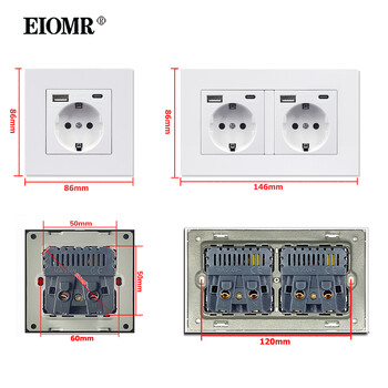 EIOMR EU Wall Power Socket with Type C Charging Port 5V 2.1A 146mm,86mm Flame Retardant PC Panel 16A 220V EU Standard Socket USB