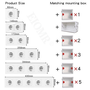 EIOMR EU Wall Power Socket with Type C Charging Port 5V 2.1A 146mm,86mm Flame Retardant PC Panel 16A 220V EU Standard Socket USB