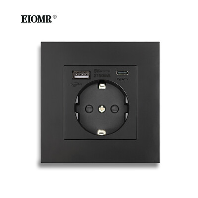 EIOMR EU Wall Power Socket with Type C Charging Port 5V 2.1A 146mm,86mm Flame Retardant PC Panel 16A 220V EU Standard Socket USB
