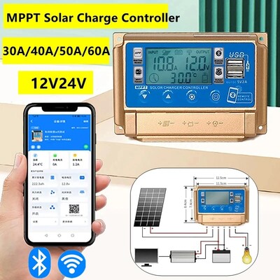 12V/24V 30A/40A/50A/60A augstas izšķirtspējas LCD liels digitālais displejs Bluetooth WIFI saules uzlādes kontrolieris MPPT kontrolieris saules baterija