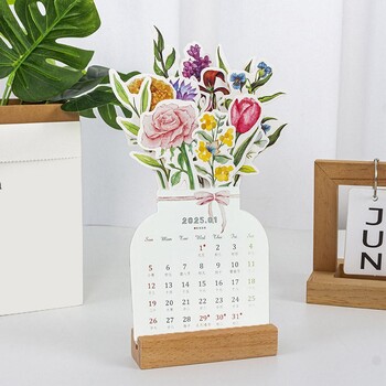 ΝΕΟ 2025 Bloomy Flower Desk Calendar 23x13,5cm Δημιουργικό ημερολόγιο με ξύλινη κάρτα Όμορφη διακόσμηση γραφείου με λουλούδια για γραφείο σπιτιού