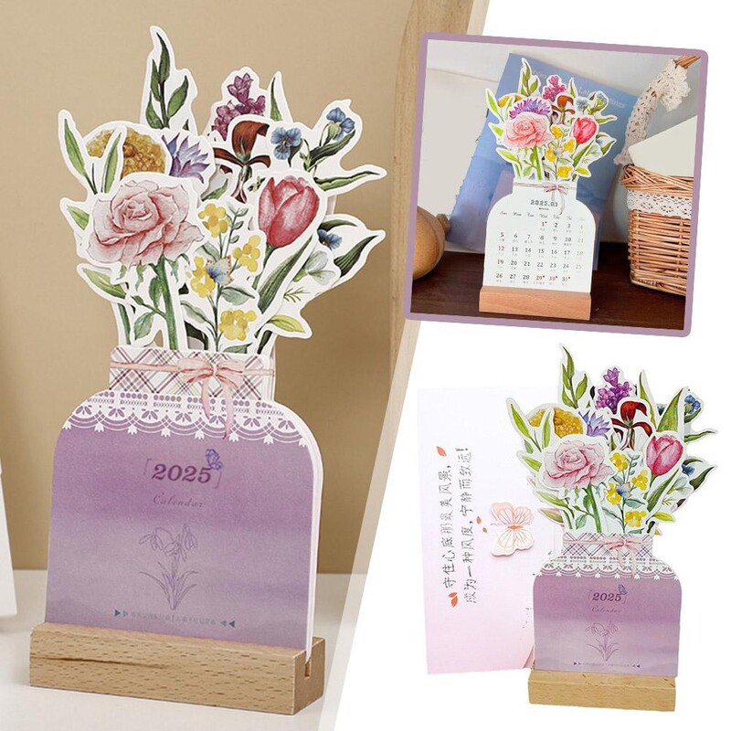 NOVO 2025. Bloomy Flower Stolni kalendar 23x13.5cm Kreativni drveni kalendar s karticama Pretty Cvjetni stolni dekor za kućni ured