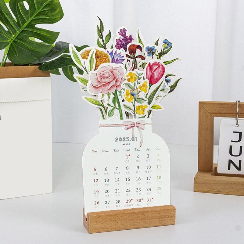NOVO 2025. Bloomy Flower Stolni kalendar 23x13.5cm Kreativni drveni kalendar s karticama Pretty Cvjetni stolni dekor za kućni ured