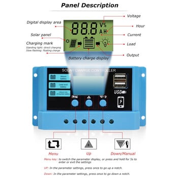 Ελεγκτής ηλιακής φόρτισης 12V/24V Αυτόματος ρυθμιστής φόρτισης μπαταρίας Ρυθμιστής PWM 10A/20A/30A LCD Διπλή USB για Φ/Β Οικία