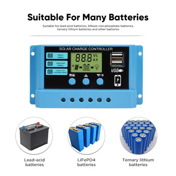 Ελεγκτής ηλιακής φόρτισης 12V/24V Αυτόματος ρυθμιστής φόρτισης μπαταρίας Ρυθμιστής PWM 10A/20A/30A LCD Διπλή USB για Φ/Β Οικία
