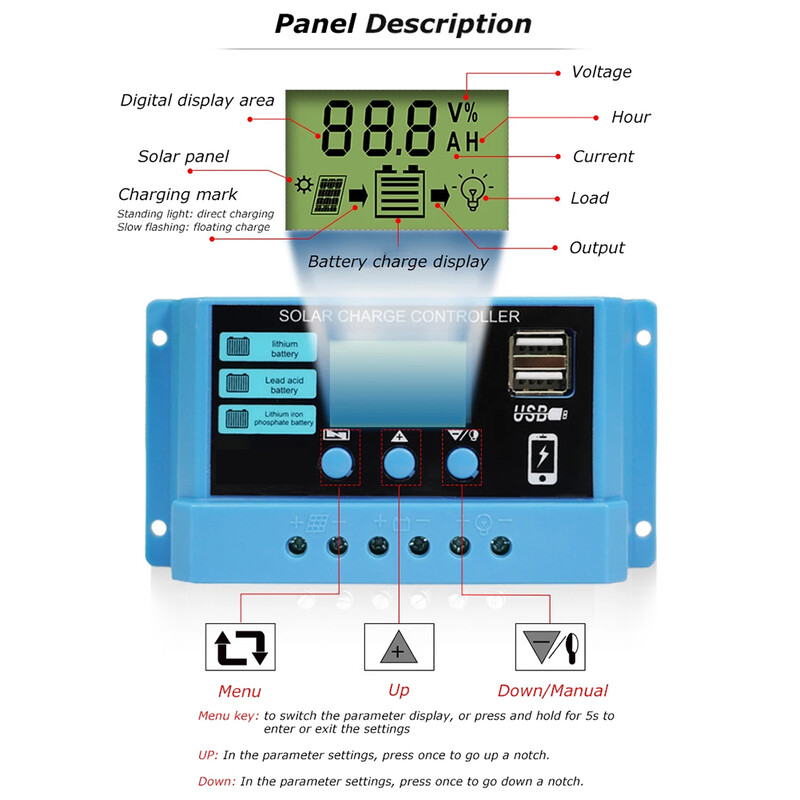 Ελεγκτής ηλιακής φόρτισης 12V/24V Αυτόματος ρυθμιστής φόρτισης μπαταρίας Ρυθμιστής PWM 10A/20A/30A LCD Διπλή USB για Φ/Β Οικία